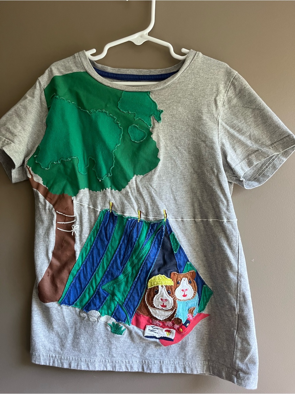 Mini Boden Gray Tee shirt Hamsters camping appliqué 8-9 medium